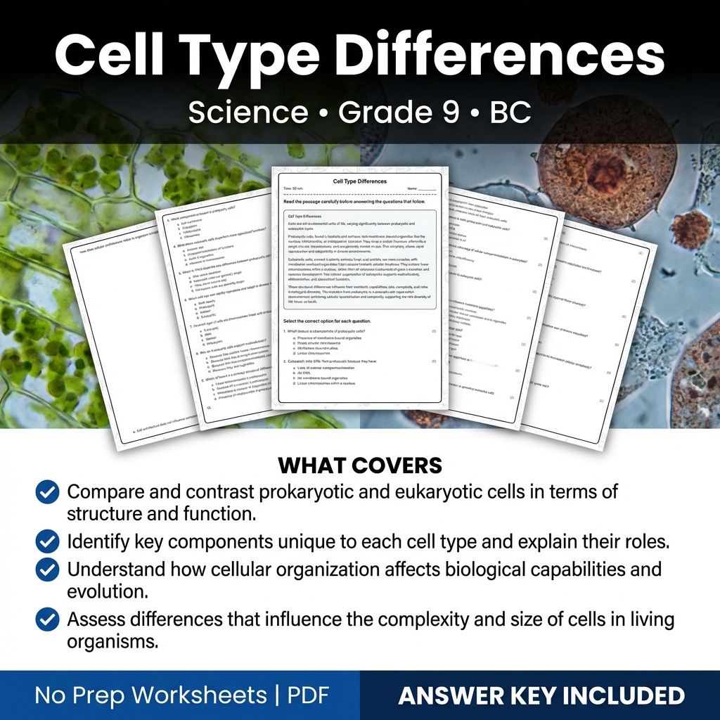 Cell Type Differences Worksheet for Grade 9 Science | BC Standards