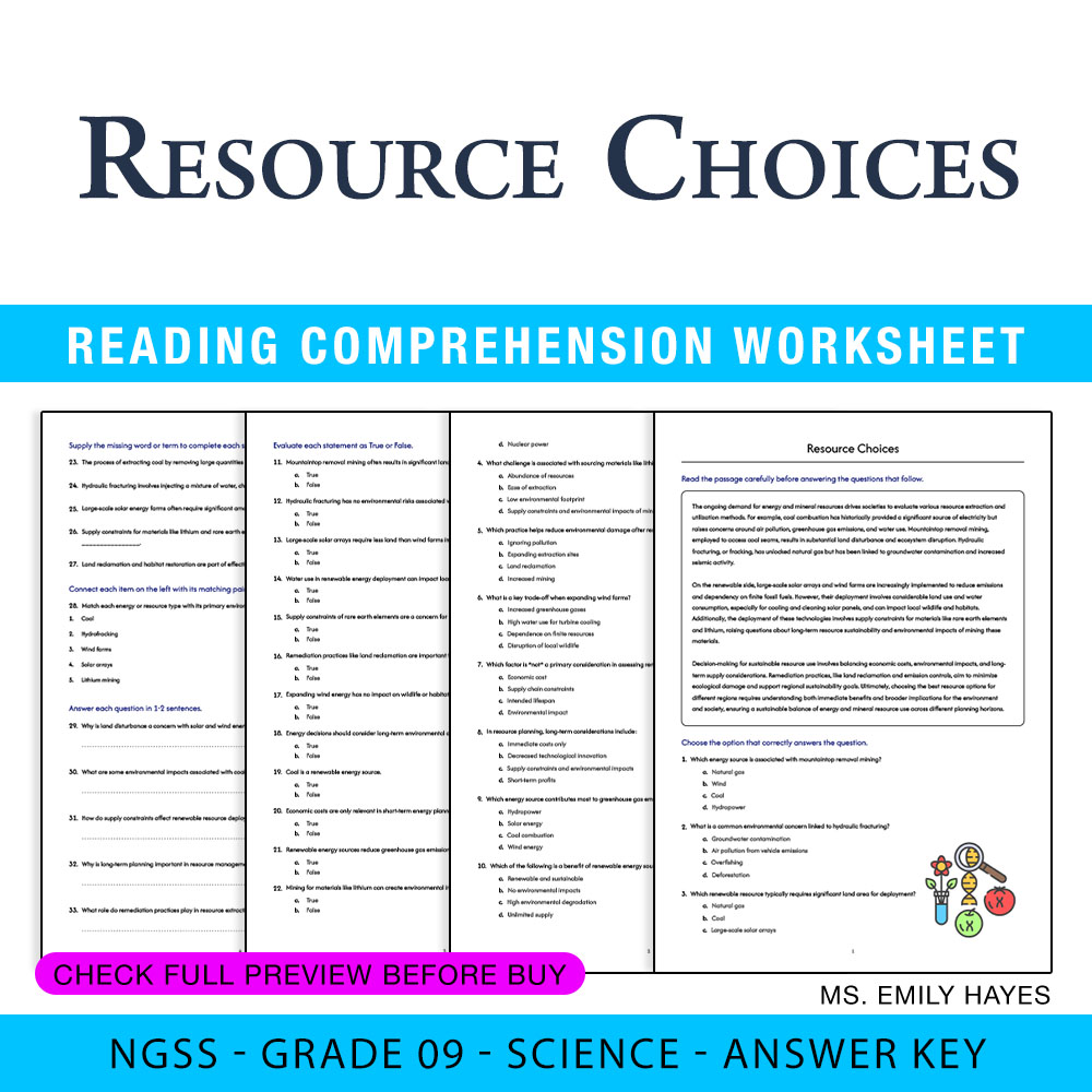 Grade 9 Science worksheet worksheet — Grade 9 Science | Resource Choices Worksheet (PDF+ Answer Key) — page 1