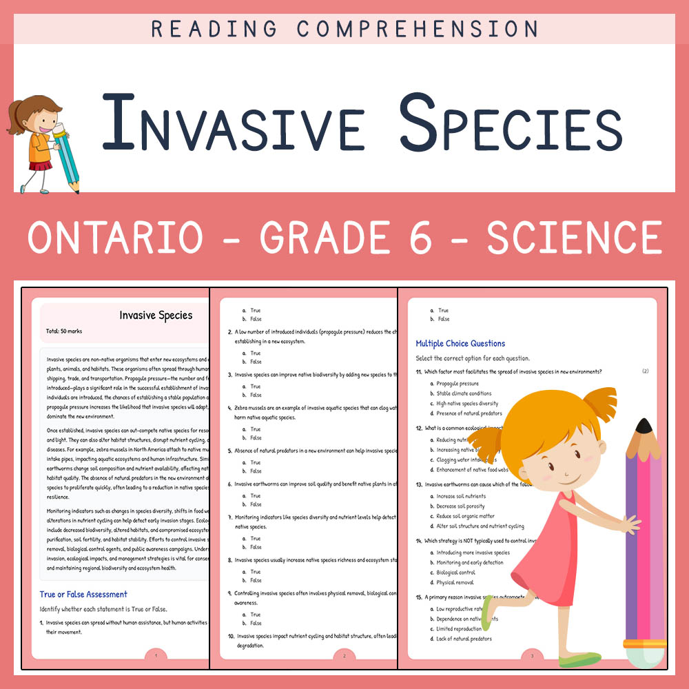 Grade 6 Science worksheet worksheet — Grade 6 Science | Invasive Species Worksheet & Answer Key | Ontario Standards — page 1