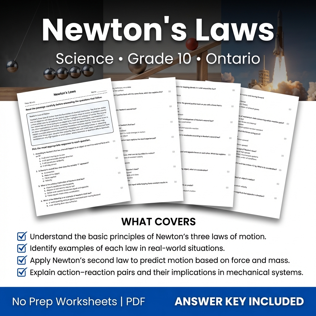 Newton's Laws Science Worksheet for Grade 10 | Ontario Standards