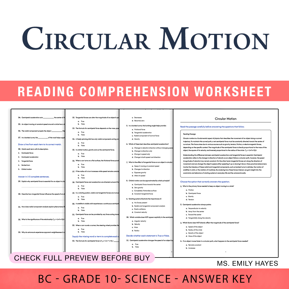 Grade 10 Science worksheet worksheet — Grade 10 Science | Circular Motion Worksheet (PDF+ Answer Key) — page 1