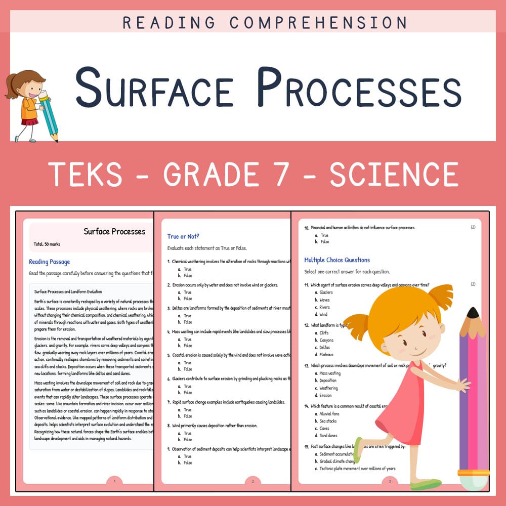 Grade 7 Science worksheet elena worksheet — Grade 7 Science | Surface Processes Worksheet | TEKS Aligned — page 1