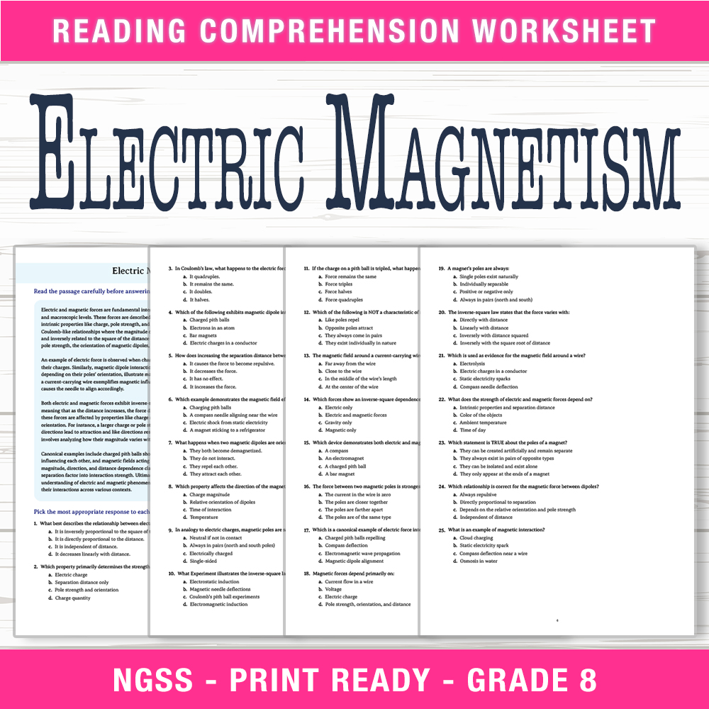 Grade 8 Science worksheet worksheet — Grade 8 Science | Electric Magnetism Worksheet (PDF + Answer Key) — page 1