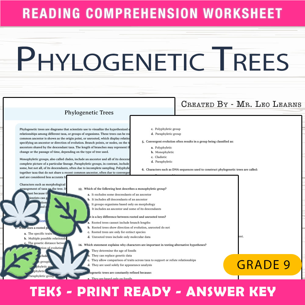 Grade 9 Science worksheet worksheet — Grade 9 Science – Phylogenetic Trees Worksheet for Mastering Evolution — page 1