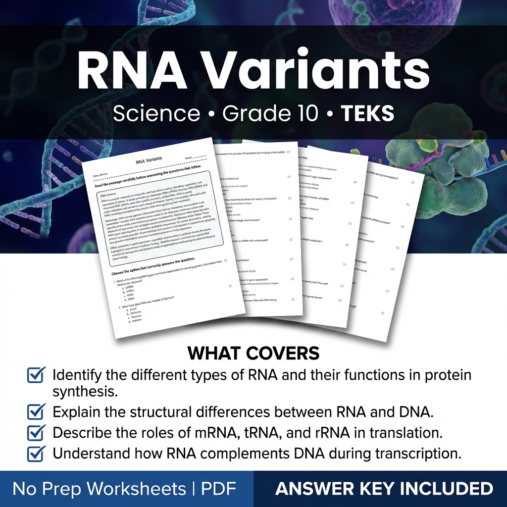 RNA Variants Worksheet for Grade 10 Science | TEKS Aligned Practice