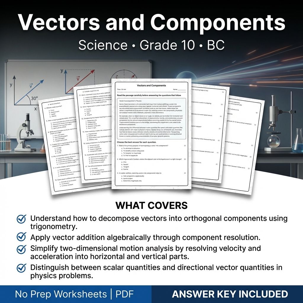 10th Grade Science | Vectors and Components Worksheet with Answer Key (PDF)