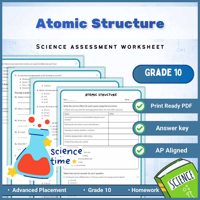 Grade 10 Science | Atomic Structure Worksheet + Answer Key (AP Standard)