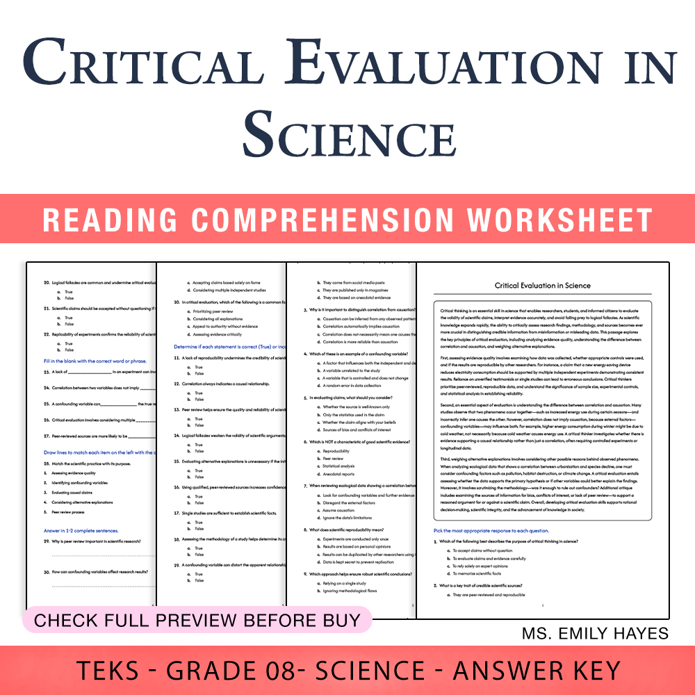 Grade 8 Science worksheet worksheet — 8th Grade Science | Critical Evaluation Skills Worksheet (PDF+ Answer Key) — page 1