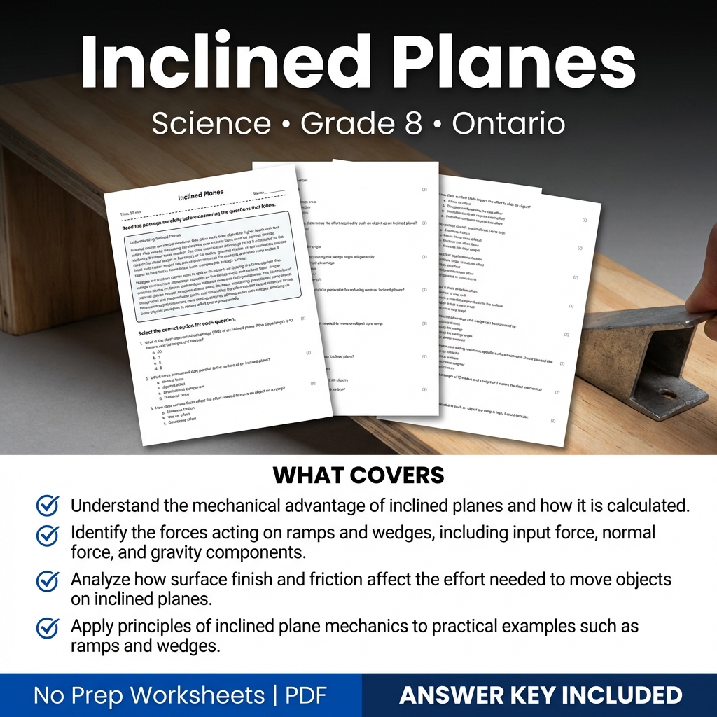Inclined Planes Worksheet for Grade 8 Science | Ontario Standards