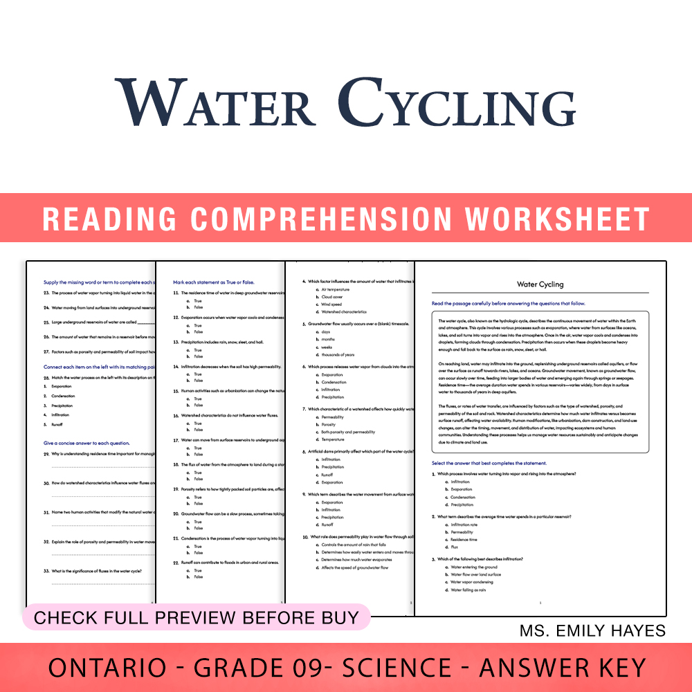 Grade 9 Science worksheet worksheet — Grade 9 Science Water Cycling Worksheet (PDF + Answer Key) — page 1