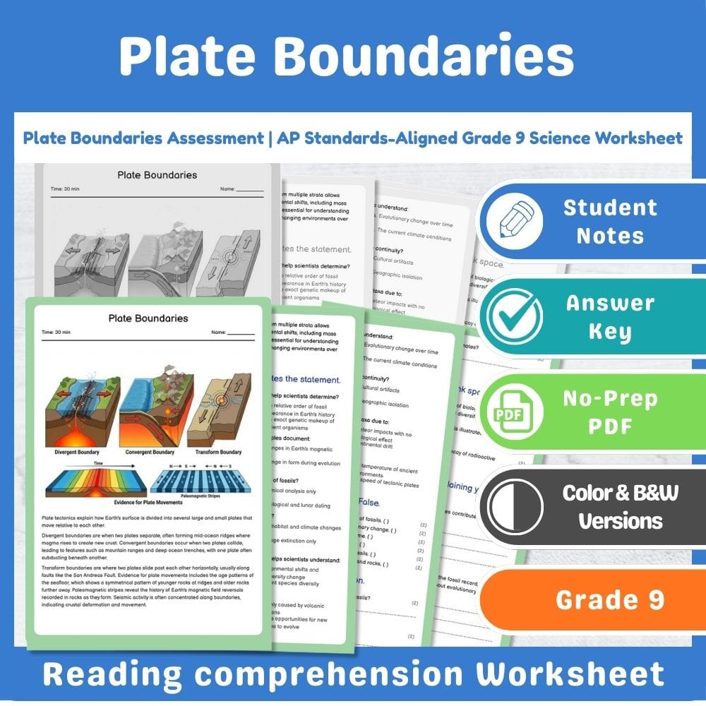 Grade 9 Science assessment worksheet — Plate Boundaries Assessment | AP Standards-Aligned Grade 9 Science Worksheet — page 1