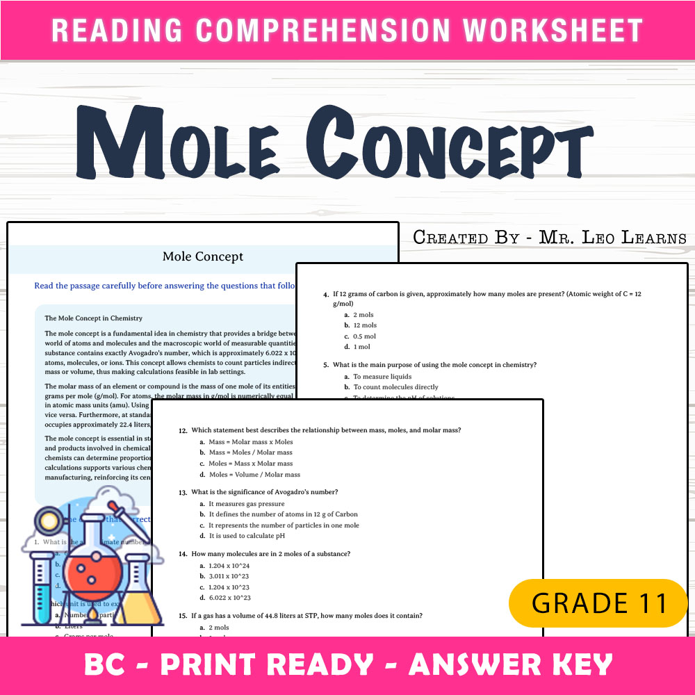Grade 11 Science worksheet mcq paper worksheet — Grade 11 Science — Mole Concept Worksheet MCQ Paper for Mastery — page 1