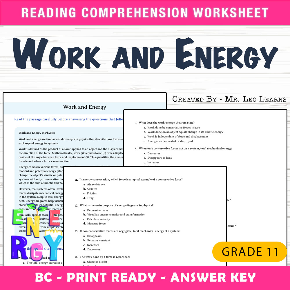 Grade 11 Science worksheet mcq paper worksheet — Grade 11 Science — Worksheet MCQ Paper for Mastering Work and Energy — pa…