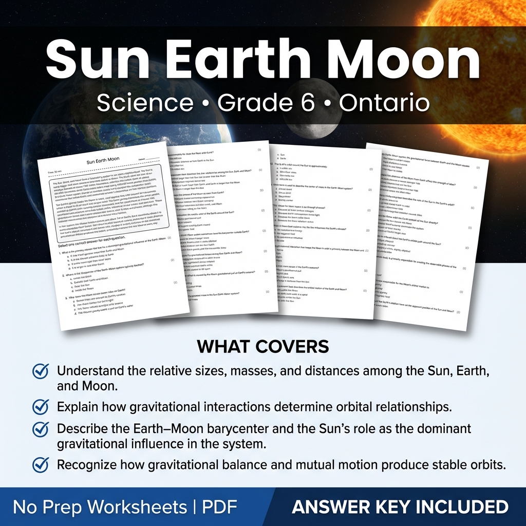 Sun Earth Moon Grade 6 Science Worksheet | Ontario Standard