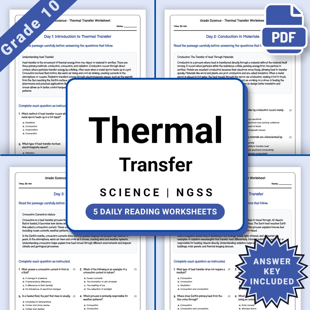 Grade 10 Science daily reading worksheet worksheet — Grade 10 Science – Thermal Transfer Worksheet (PDF +Answer Key) — page 1