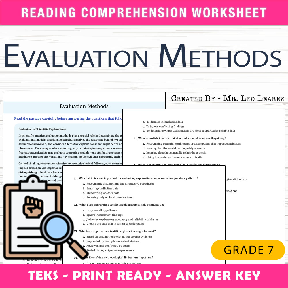 Grade 7 Science worksheet worksheet — Grade 7 Science — Evaluation Methods Worksheet for Mastery — page 1