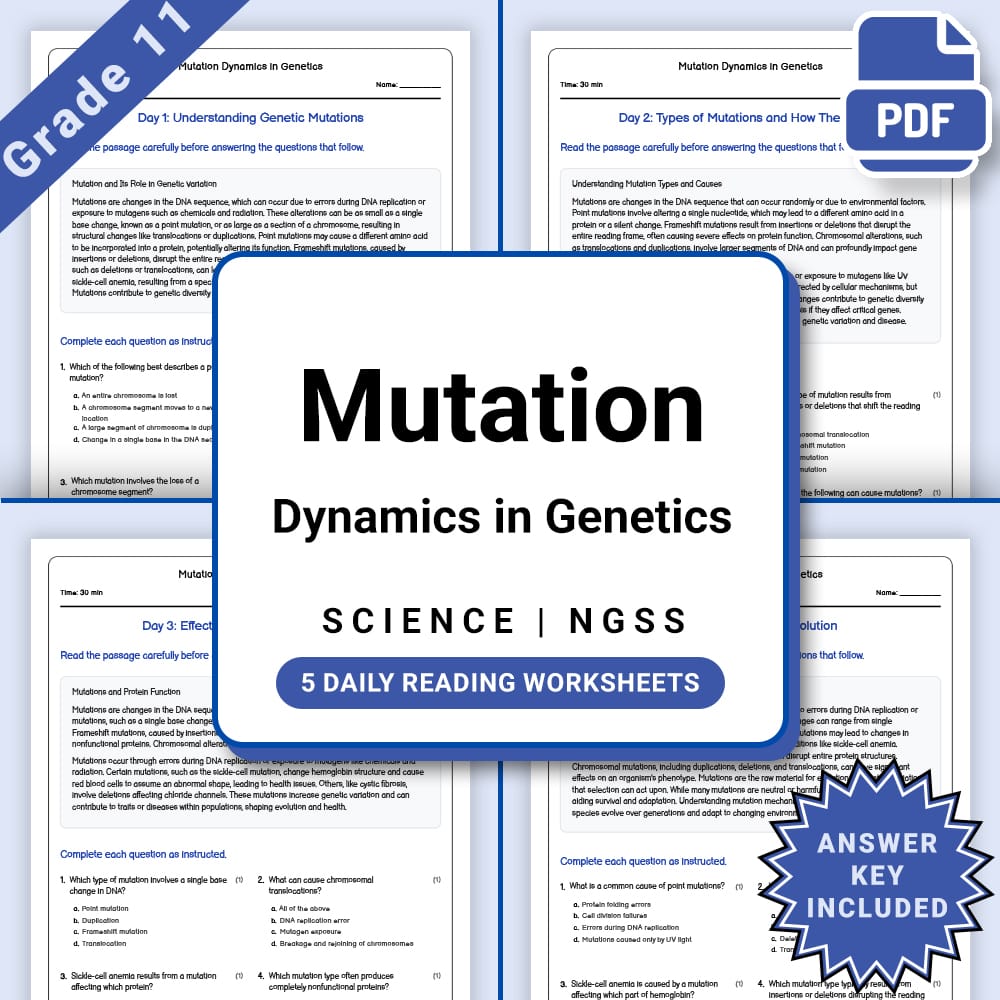 Grade 11 Science daily reading worksheet worksheet — Grade 11 Science – Mutation Dynamics Worksheet(PDF +Answer Key) — page 1