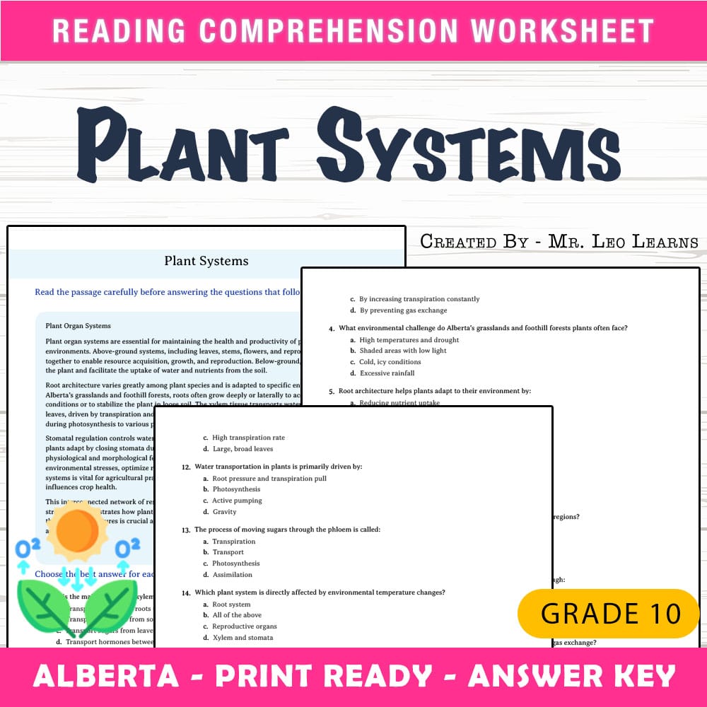 Grade 10 Science worksheet mcq paper worksheet — Grade 10 Science — Worksheet MCQ Paper for Plant Systems — page 1