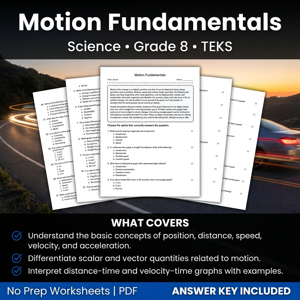 Grade 8 Science worksheet — Grade 8 Science Worksheet on Motion Fundamentals | TEKS-Aligned Practice PDF