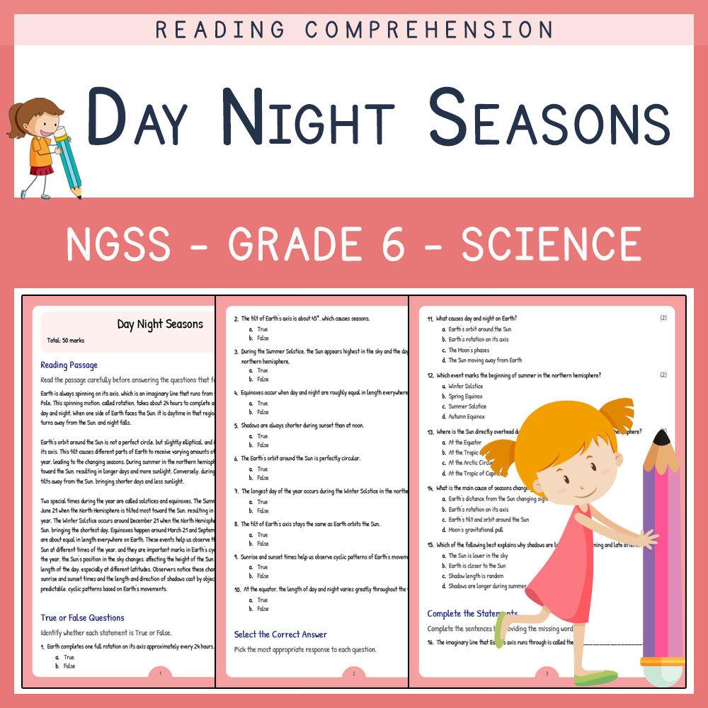 Grade 6 Science worksheets for primary grades worksheet — Grade 6 Science | Day, Night & Seasons Worksheet (PDF) | NGSS Al…