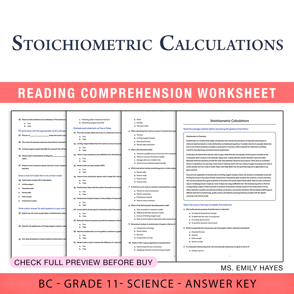 Grade 11 Science worksheet worksheet — 11th Grade Science | Stoichiometric Calculations Worksheet (PDF + Answer Key) — page 1