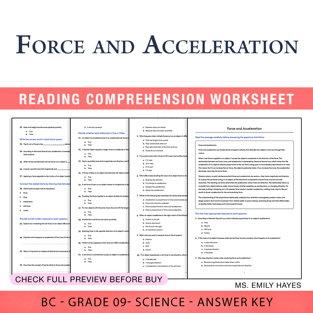 Grade 9 Science worksheet worksheet — Grade 9 Science | Force and Acceleration Worksheet (PDF+ Answer Key) — page 1