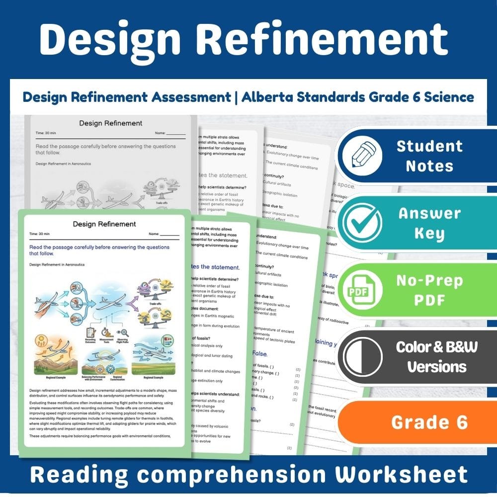 Grade 6 Science assessment worksheet — Design Refinement Assessment | Alberta Standards Grade 6 Science — page 1