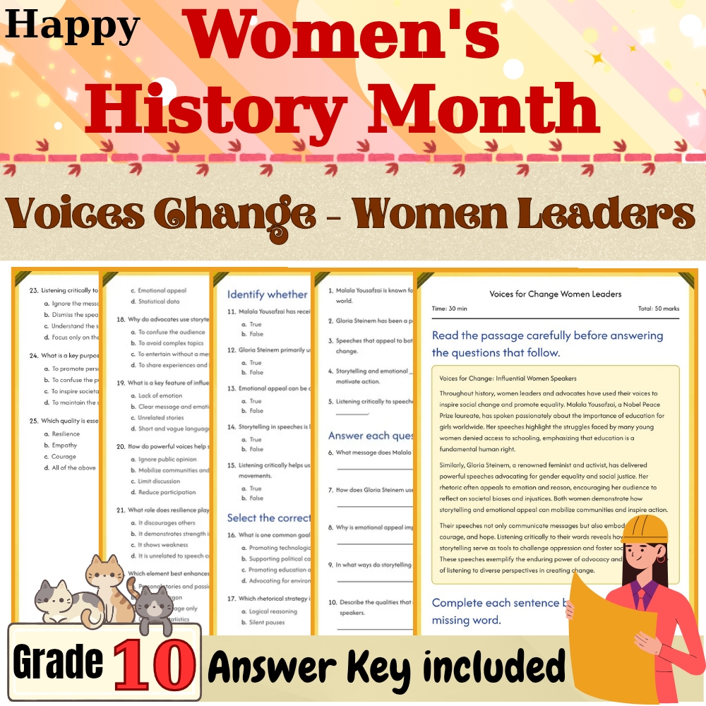 Grade 10 Seasonal | Voices for Change Women Leaders Worksheet PDF + Answer Key