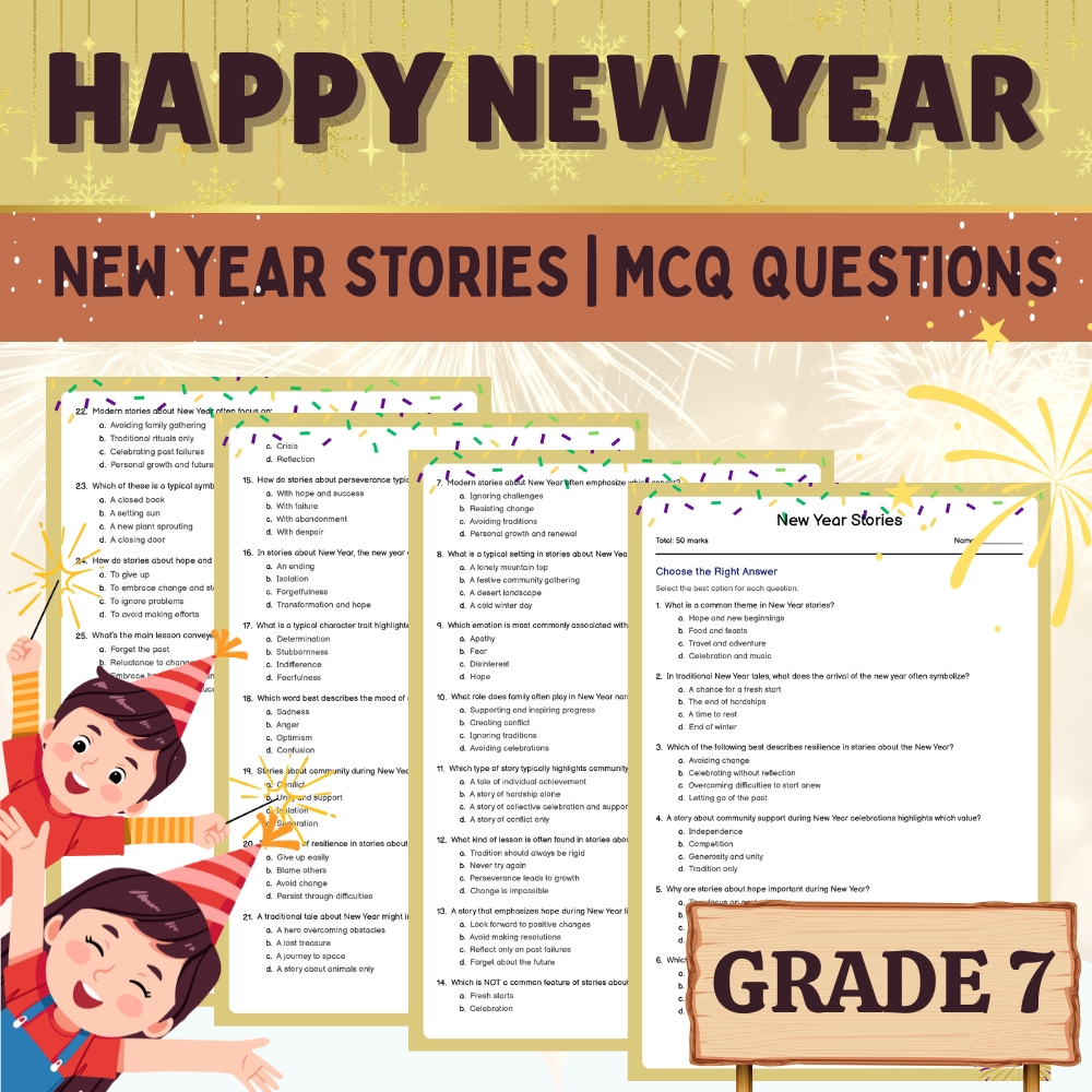 Grade 7 Seasonal  New Year MCQ Worksheet (Answer Key) | Holiday Themed Quiz