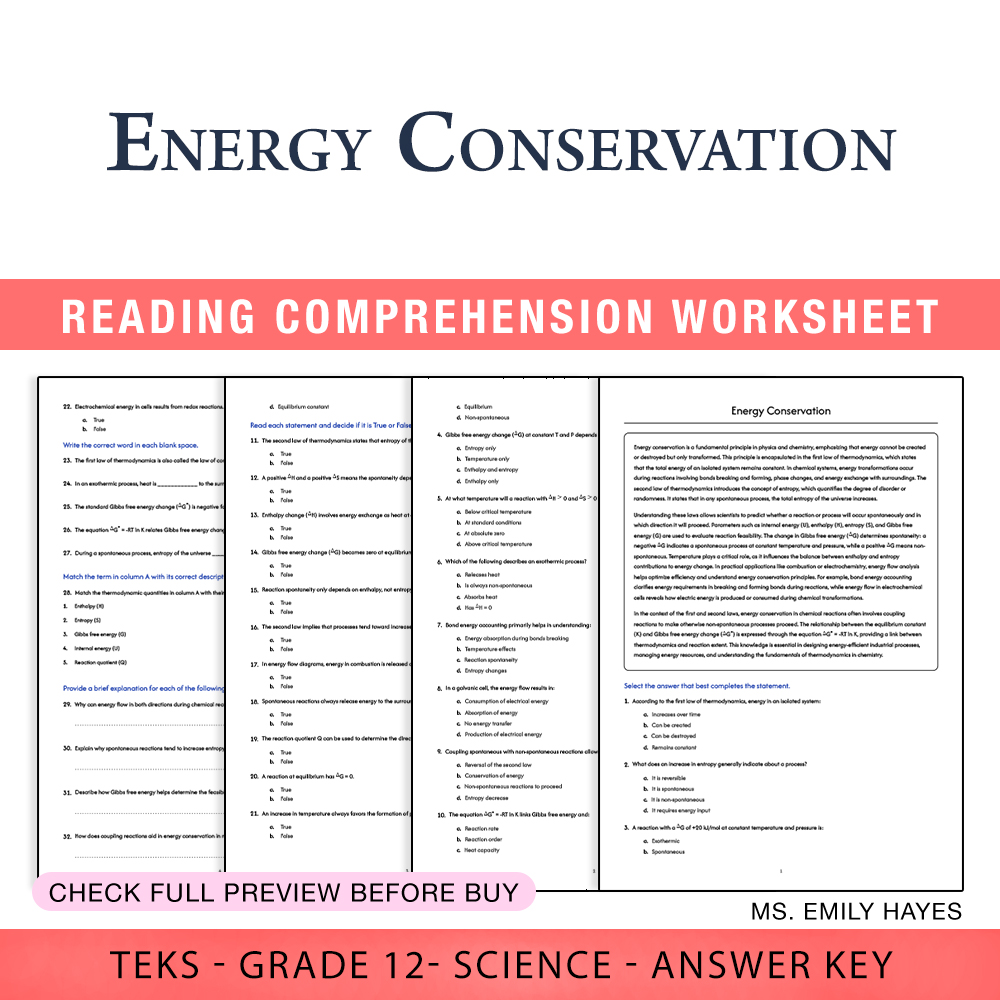 Grade 12 Science worksheet worksheet — Grade 12 Science | Energy Conservation Worksheet (PDF+ Answer Key) — page 1