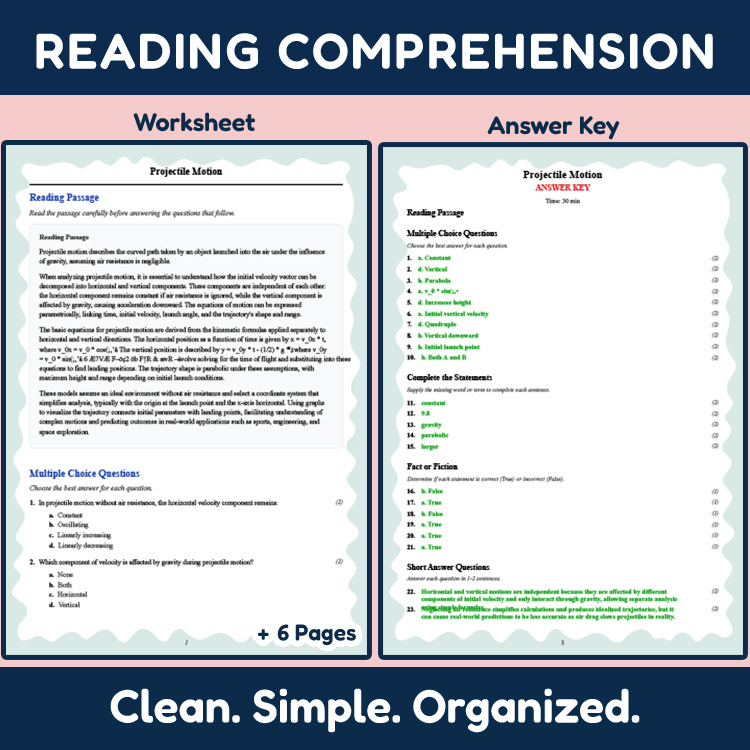 Grade 12 Science reading worksheets worksheet — 12th Grade Science | Projectile Motion Reading Worksheet (PDF + Rubric) —…
