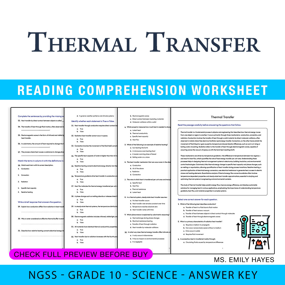 Grade 10 Science worksheet worksheet — 10th Grade Science | Thermal Transfer Worksheet (PDF+ Answer Key) — page 1