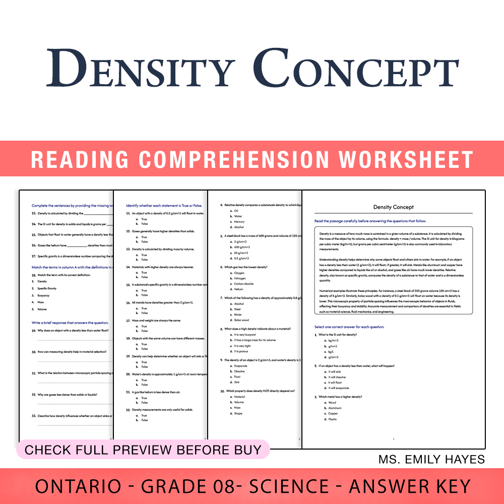 Grade 8 Science worksheet worksheet — 8th Grade Science | Density Concept Worksheet (PDF+ Answer Key) — page 1