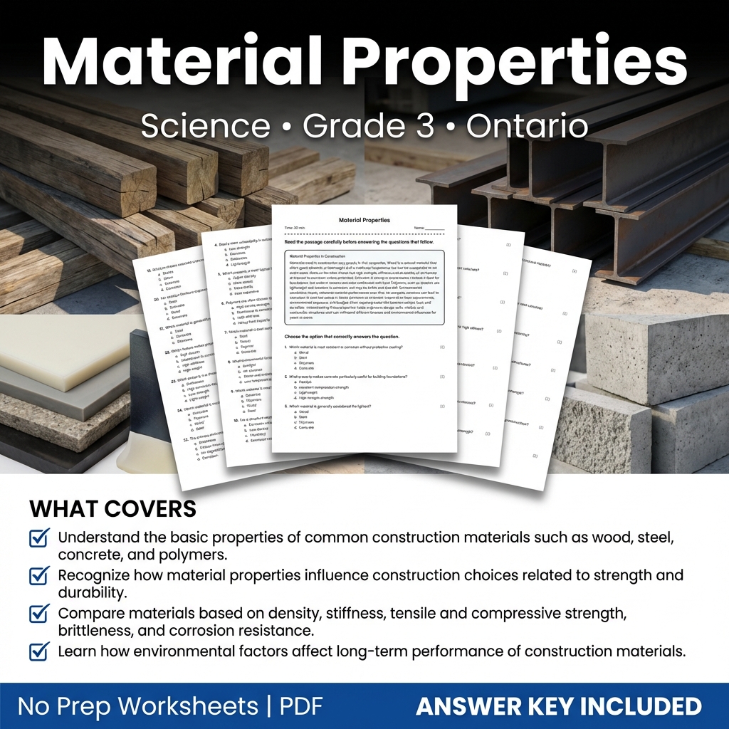Material Properties Worksheet for Grade 3 Science | Ontario Framework