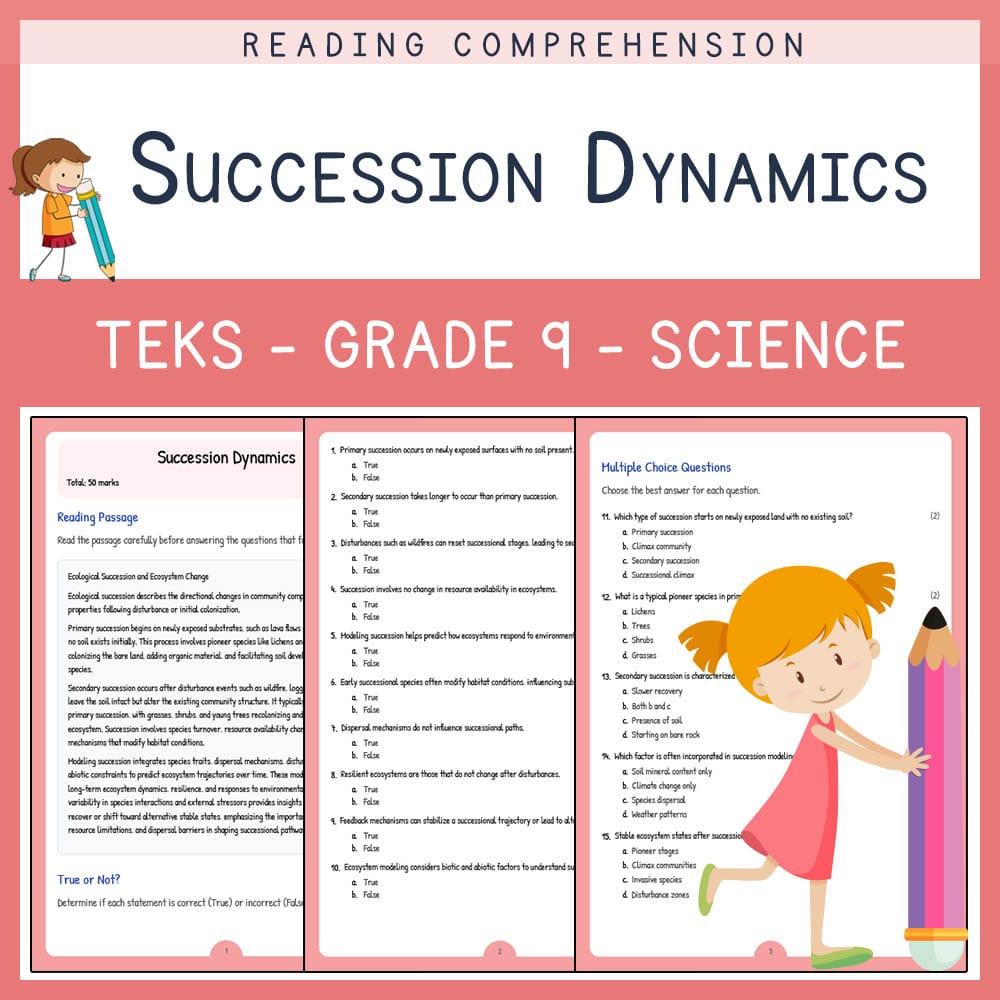 Grade 9 Science worksheet elena worksheet — Grade 9 Science | Succession Dynamics Worksheet | TEKS Aligned — page 1