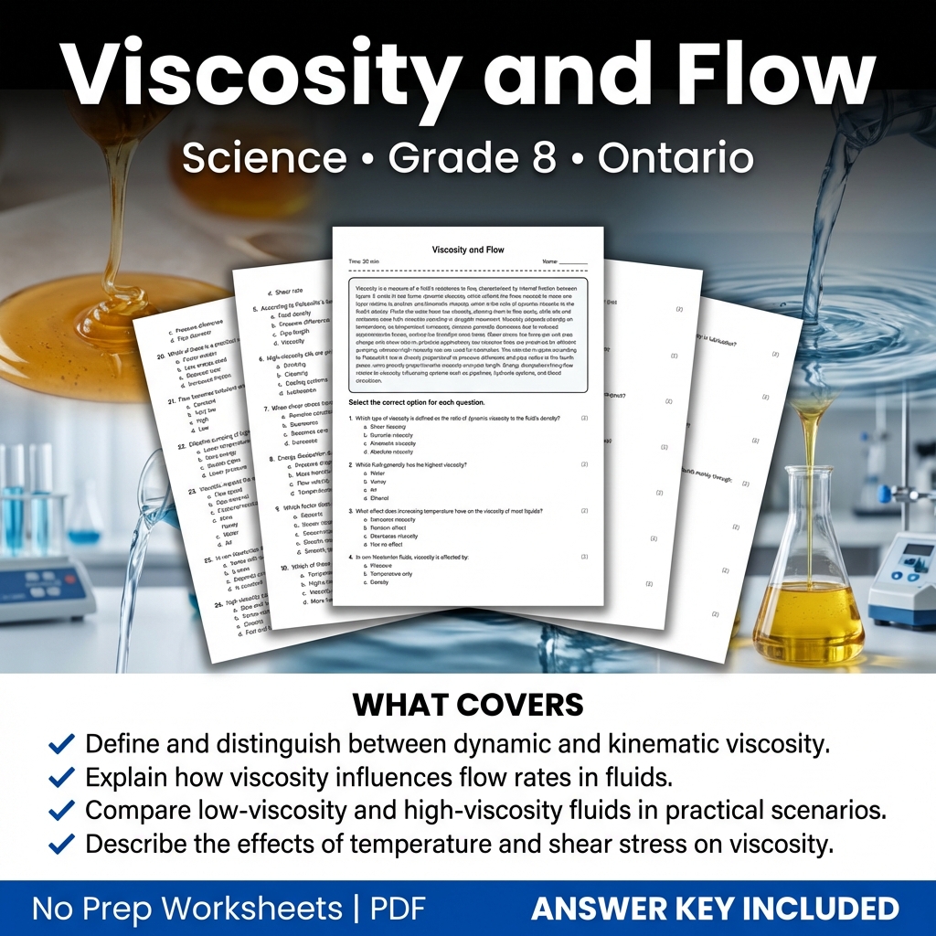Viscosity and Flow Grade 8 Science Worksheet with Answer Key – Ontario Standard