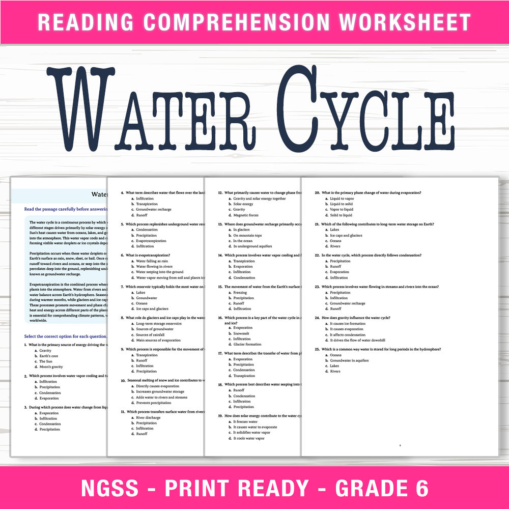 Grade 6 Science worksheet worksheet — 6th Grade Science – Water Cycle Worksheet (PDF + Answer Key) — page 1
