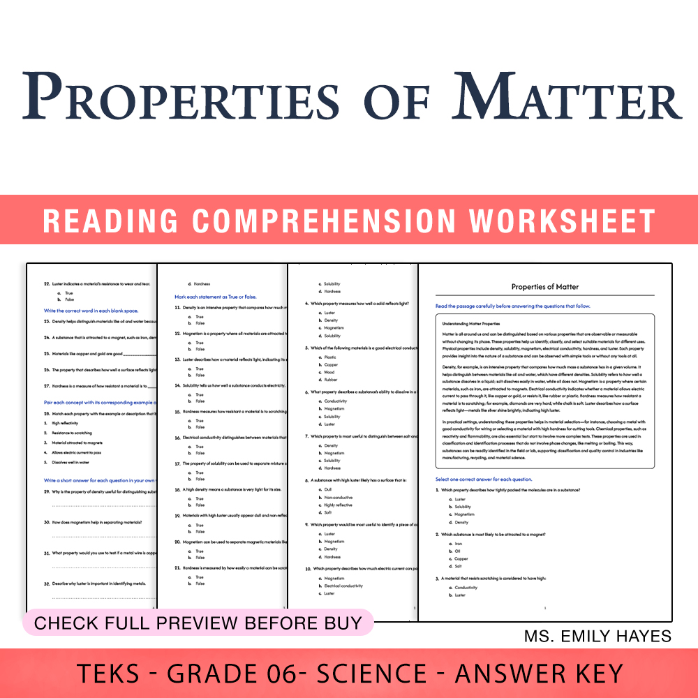 Grade 6 Science worksheet worksheet — 6th Grade Science | Properties of Matter Worksheet (PDF+ Answer Key) — page 1