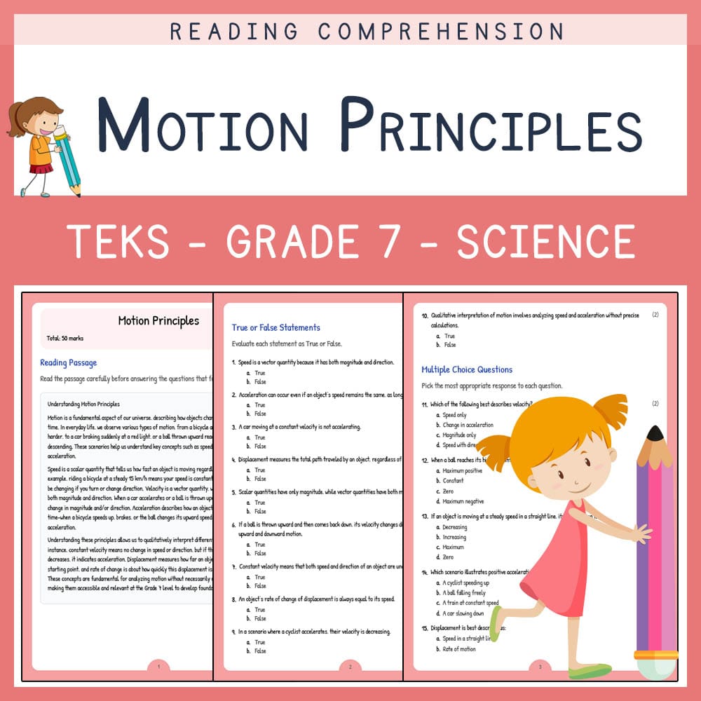 Grade 7 Science worksheet elena worksheet — Grade 7 Science | Motion Principles Worksheet | TEKS Aligned — page 1