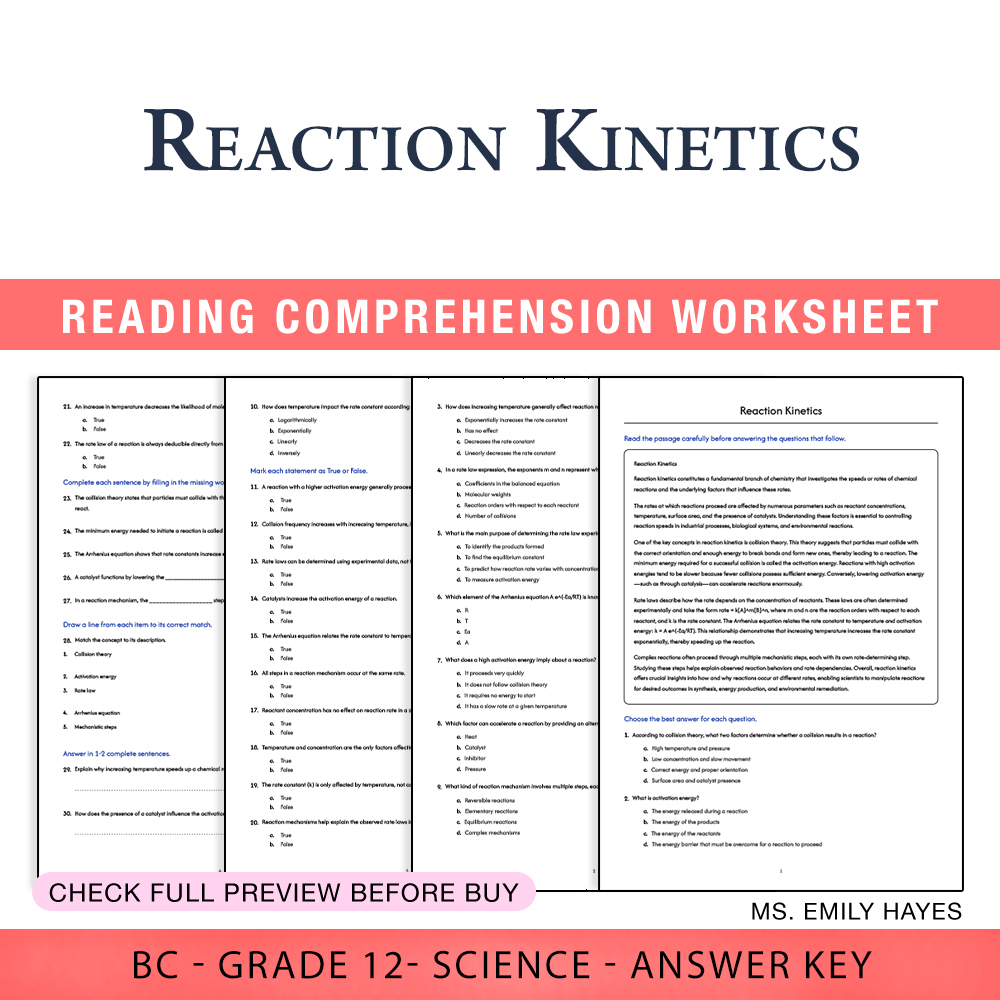 Grade 12 Science worksheet worksheet — Grade 12 Science | Reaction Kinetics Worksheet (PDF + Answer Key) — page 1