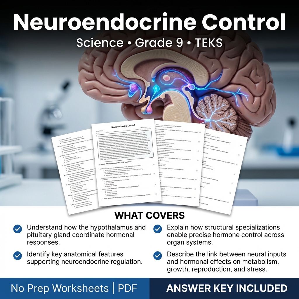 Grade 9 Science Worksheet on Neuroendocrine Control | TEKS Aligned