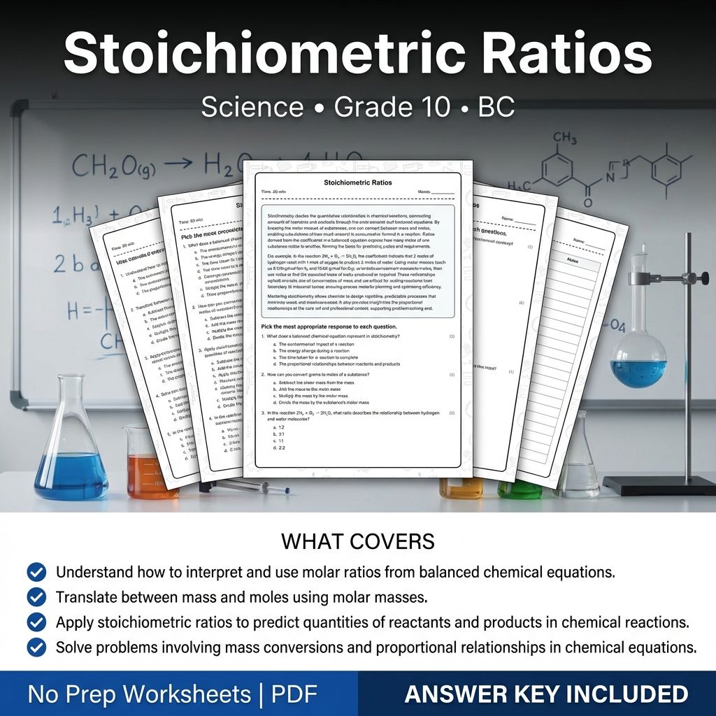 Grade 10 Science | Stoichiometric Ratios Printable Worksheet & Answer Key
