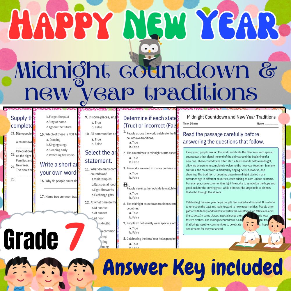 Grade 7 Midnight Countdown & New Year Traditions Worksheet|PDF + Answer Key