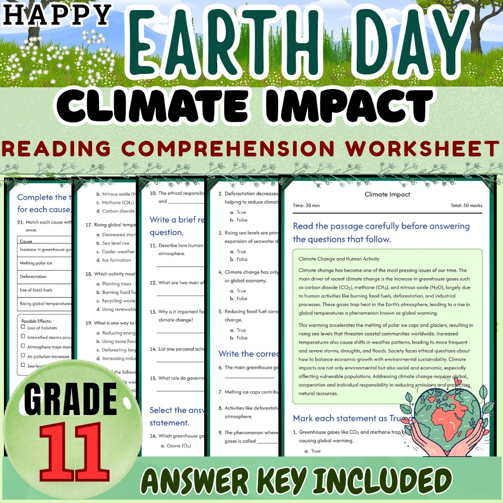 Grade 11 Seasonal|Earth Day & Climate Impact Worksheet Pack(Answer Key Included) — included worksheet 6