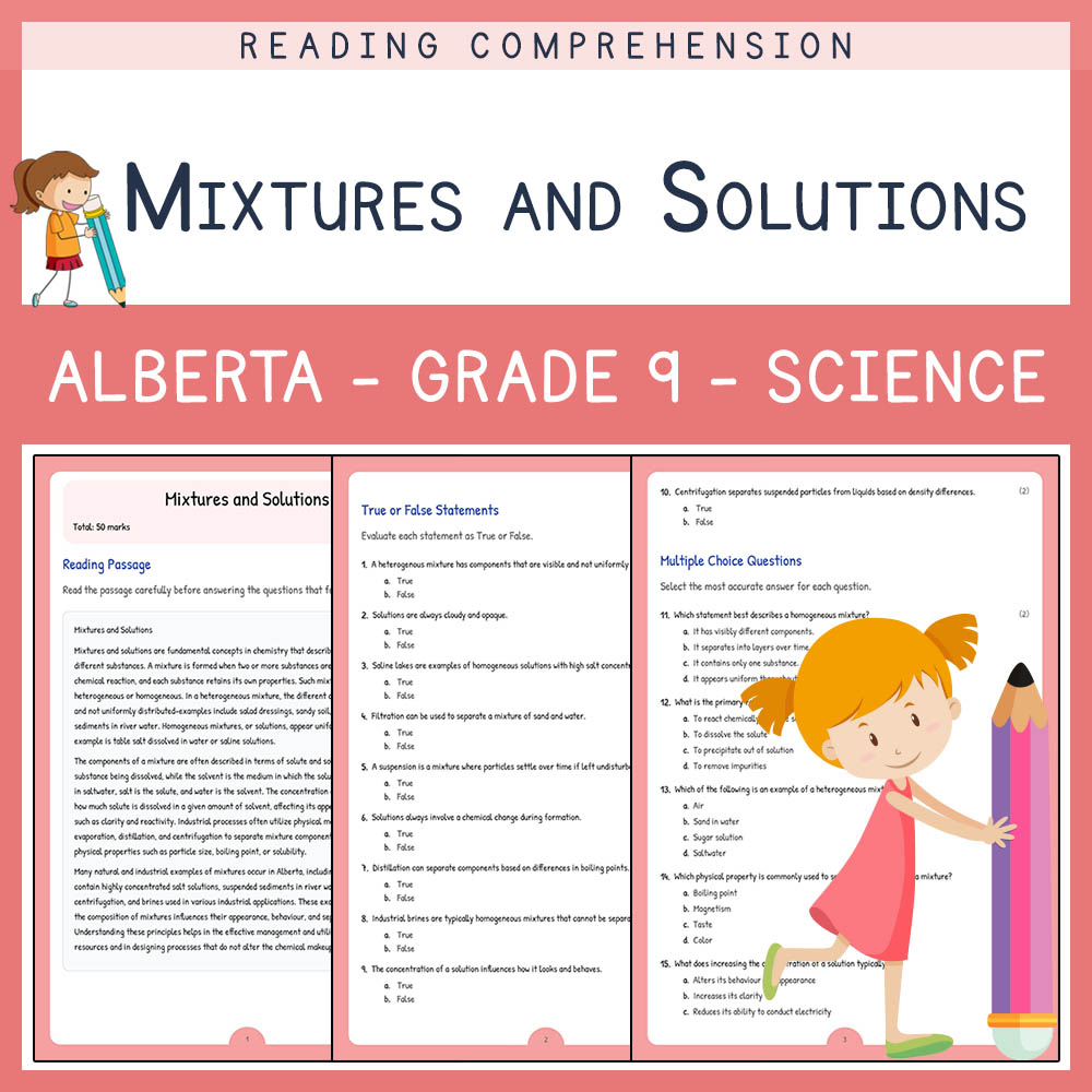 Grade 9 Science worksheet elena worksheet — Grade 9 Science  | Mixtures and Solutions Worksheet | Alberta Standards — page 1
