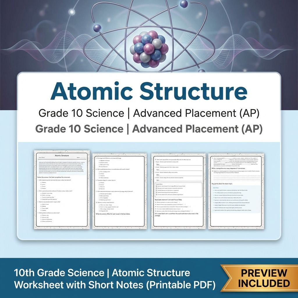 10th Grade Science | Atomic Structure Worksheet with Short Notes (Printable PDF)