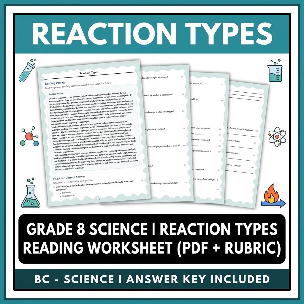 Grade 8 Science | Reaction Types Reading Worksheet (PDF + Rubric)