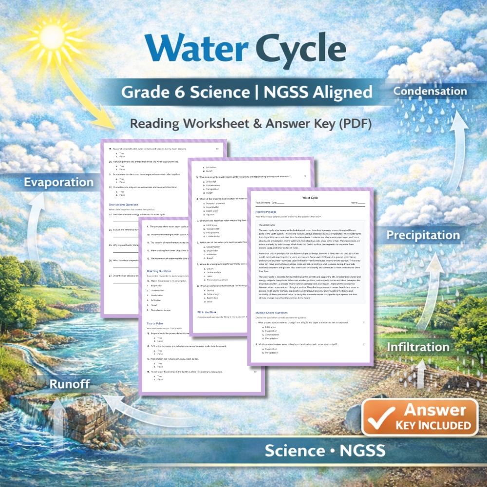 Grade 6 Science | Water Cycle (Worksheet + Answer Key) NGSS Alignment