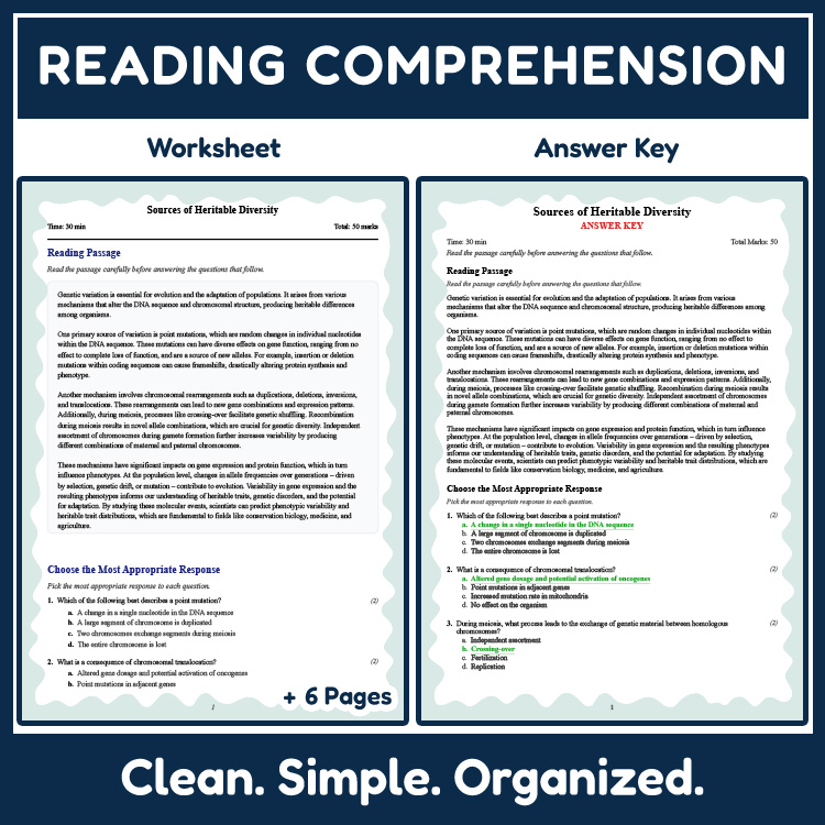 Grade 9 Science reading worksheets worksheet — 9th Grade Science | Sources of Heritable Diversity Reading Worksheet  Answe…