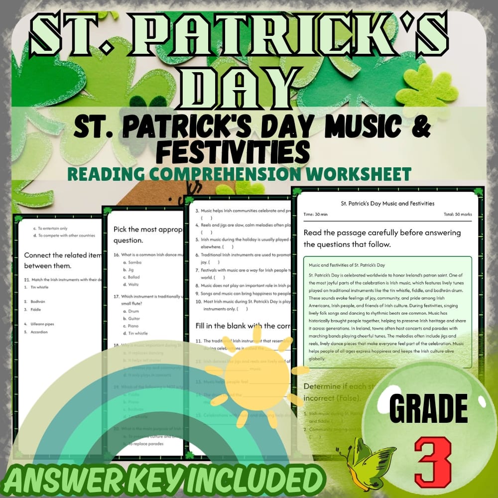 Grade 3 St. Patrick's Day Holiday Worksheets Bundle | March Celebrations — included worksheet 4